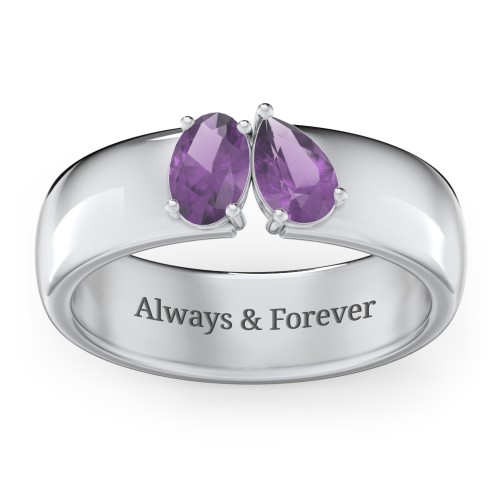 Toi et Moi Oval and Pear Gemstone Ring with Wide Band – Sterling Silver with Amethyst