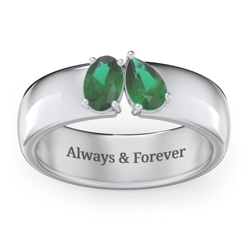 Toi et Moi Oval and Pear Gemstone Ring with Wide Band – Sterling Silver with Emerald