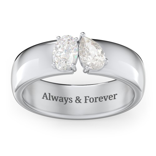 Toi et Moi Oval and Pear Gemstone Ring with Wide Band – Sterling Silver with White Sapphire and Cubic Zirconia