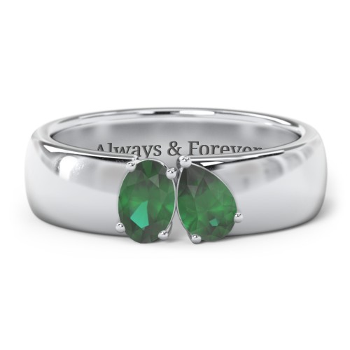 Toi et Moi Oval and Pear Gemstone Ring with Wide Band – Sterling Silver with Emerald