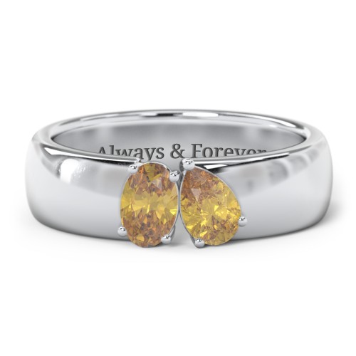 Toi et Moi Oval and Pear Gemstone Ring with Wide Band – Sterling Silver with Citrine