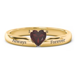 Solitaire Heart Gemstone Ring with Engravable Band in 18K Gold Plated Silver with Garnet