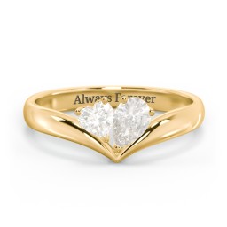 Toi et Moi Heart and Pear Gemstone Ring with V-Shape Band in 18K Gold Plated Silver with Cubic Zirconia