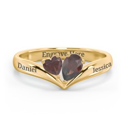 Toi et Moi Heart and Pear Gemstone Ring with V-Shape Band in 18K Gold Plated Silver with Garnet