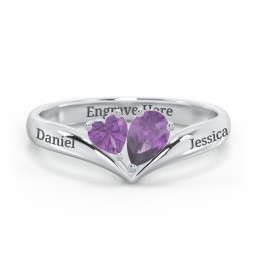 Toi et Moi Heart and Pear Gemstone Ring with V-Shape Band