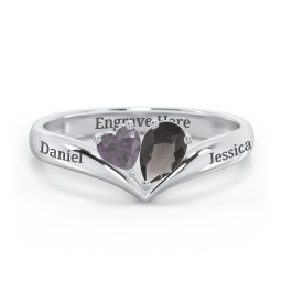 Toi et Moi Heart and Pear Gemstone Ring with V-Shape Band