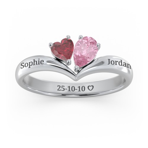 Toi et Moi Heart and Pear Gemstone Ring with V-Shape Band – Sterling Silver with Ruby and Pink Tourmaline