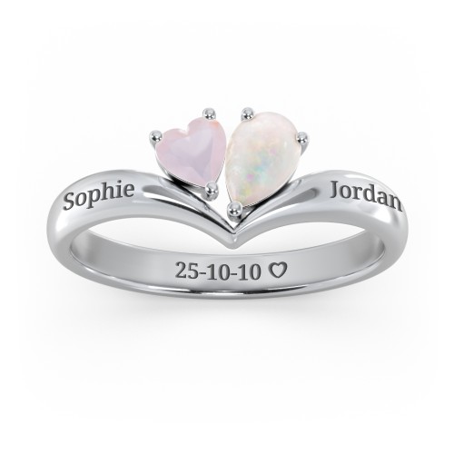 Toi et Moi Heart and Pear Gemstone Ring with V-Shape Band