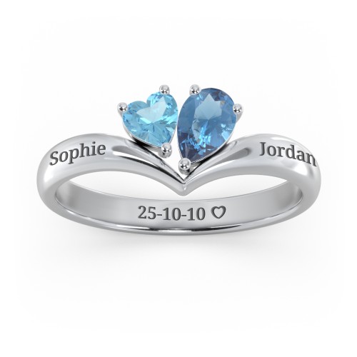 Toi et Moi Heart and Pear Gemstone Ring with V-Shape Band