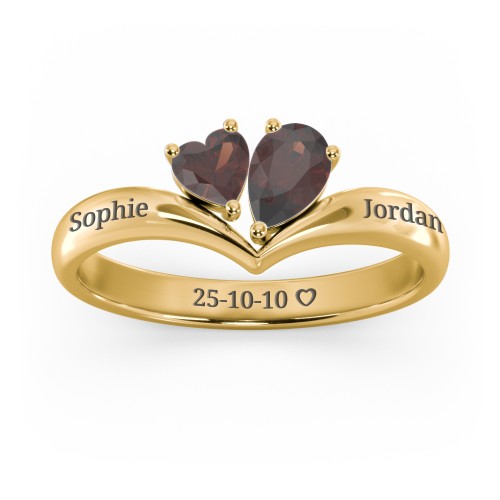 Toi et Moi Heart and Pear Gemstone Ring with V-Shape Band – 18K Gold Plated Silver with Garnet