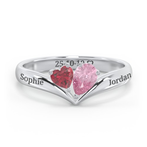Toi et Moi Heart and Pear Gemstone Ring with V-Shape Band – Sterling Silver with Ruby and Pink Tourmaline