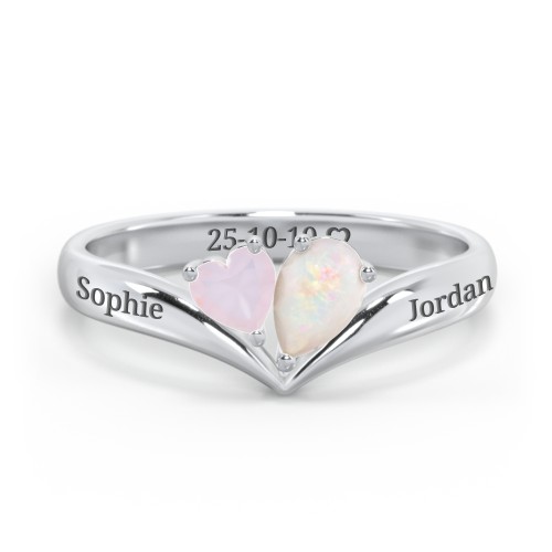 Toi et Moi Heart and Pear Gemstone Ring with V-Shape Band