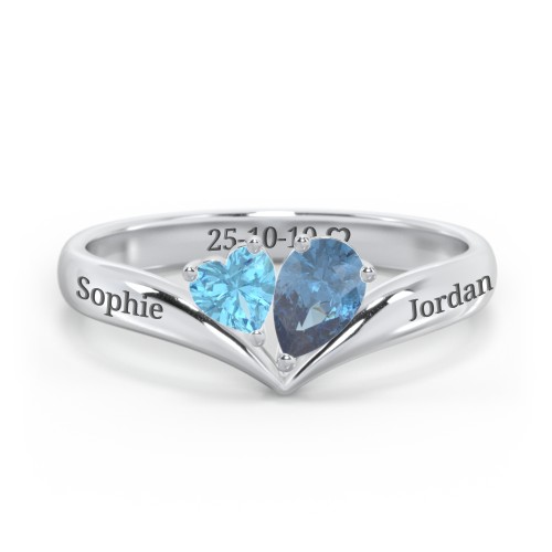 Toi et Moi Heart and Pear Gemstone Ring with V-Shape Band
