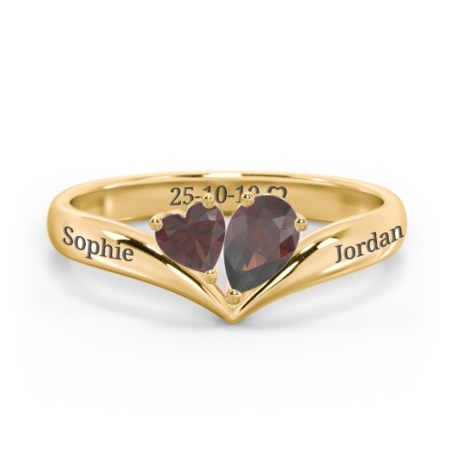 Toi et Moi Heart and Pear Gemstone Ring with V-Shape Band – 18K Gold Plated Silver with Garnet