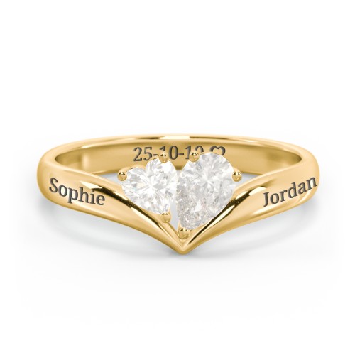 Toi et Moi Heart and Pear Gemstone Ring with V-Shape Band – 18K Gold Plated Silver with Cubic Zirconia