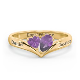 Toi et Moi Heart and Pear Gemstone Ring with V-Shape Band in 18K Gold Plated Silver with Amethyst