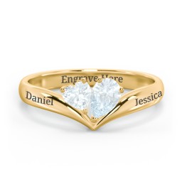 Toi et Moi Heart and Pear Gemstone Ring with V-Shape Band in 18K Gold Plated Silver with Aquamarine