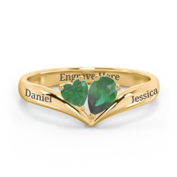Toi et Moi Heart and Pear Gemstone Ring with V-Shape Band in 18K Gold Plated Silver with Emerald