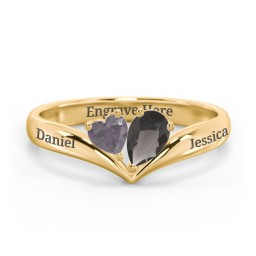 Toi et Moi Heart and Pear Gemstone Ring with V-Shape Band in 18K Gold Plated Silver with Alexandrite and Smokey Quartz