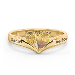Toi et Moi Heart and Pear Gemstone Ring with V-Shape Band in 18K Gold Plated Silver with Citrine