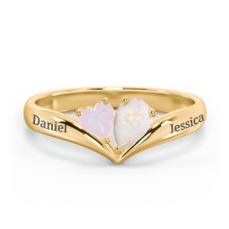 Toi et Moi Heart and Pear Gemstone Ring with V-Shape Band in 18K Gold Plated Silver with Opal