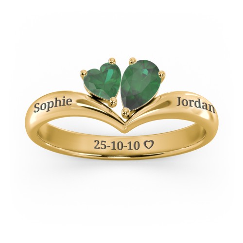 Toi et Moi Heart and Pear Gemstone Ring with V-Shape Band – 18K Gold Plated Silver with Emerald