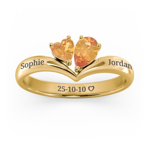 Toi et Moi Heart and Pear Gemstone Ring with V-Shape Band – 18K Gold Plated Silver with Citrine