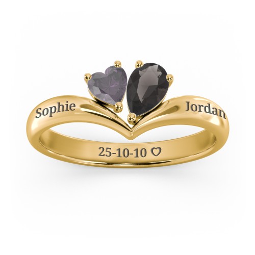 Toi et Moi Heart and Pear Gemstone Ring with V-Shape Band – 18K Gold Plated Silver with Alexandrite and Smokey Quartz