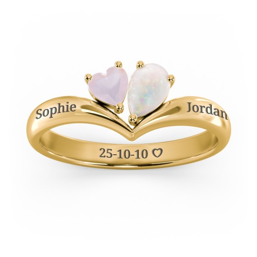Toi et Moi Heart and Pear Gemstone Ring with V-Shape Band – 18K Gold Plated Silver with Opal