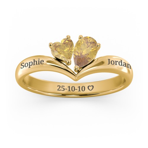 Toi et Moi Heart and Pear Gemstone Ring with V-Shape Band – 18K Gold Plated Silver with Citrine