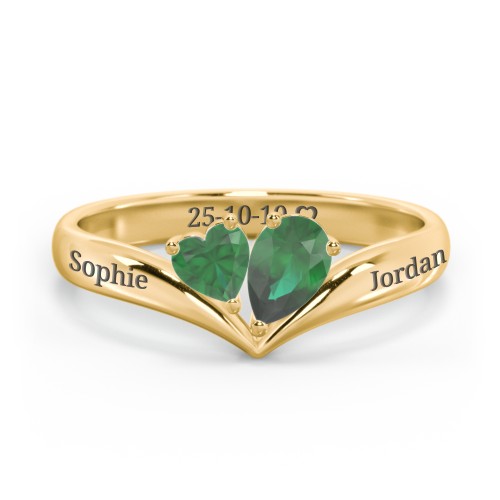 Toi et Moi Heart and Pear Gemstone Ring with V-Shape Band – 18K Gold Plated Silver with Emerald