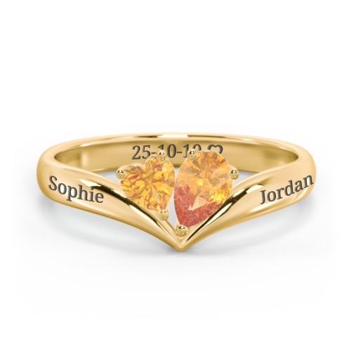 Toi et Moi Heart and Pear Gemstone Ring with V-Shape Band – 18K Gold Plated Silver with Citrine