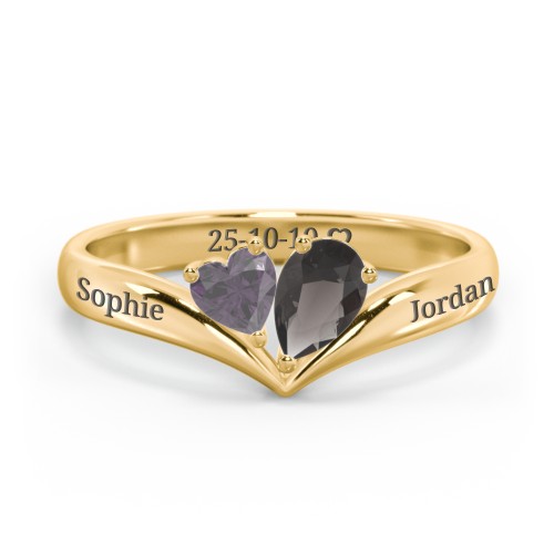 Toi et Moi Heart and Pear Gemstone Ring with V-Shape Band – 18K Gold Plated Silver with Alexandrite and Smokey Quartz