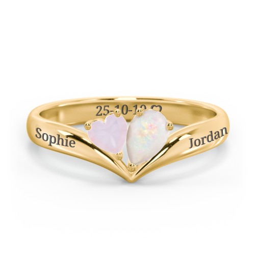 Toi et Moi Heart and Pear Gemstone Ring with V-Shape Band – 18K Gold Plated Silver with Opal
