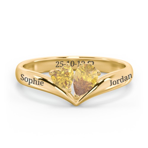 Toi et Moi Heart and Pear Gemstone Ring with V-Shape Band – 18K Gold Plated Silver with Citrine