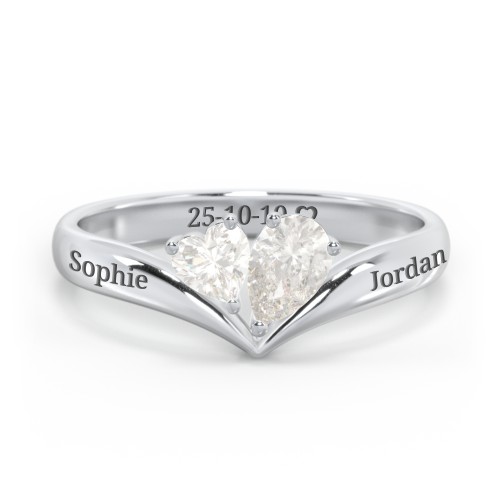 Toi et Moi Heart and Pear Gemstone Ring with V-Shape Band – Sterling Silver with Cubic Zirconia