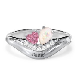 Toi et Moi Heart and Pear Gemstone Ring with Curved Band and Accent Stones