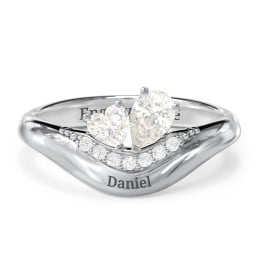 Toi et Moi Heart and Pear Gemstone Ring with Curved Band and Accent Stones