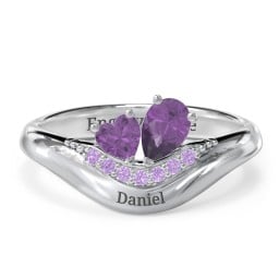 Toi et Moi Heart and Pear Gemstone Ring with Curved Band and Accent Stones