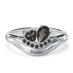 Toi et Moi Heart and Pear Gemstone Ring with Curved Band and Accent Stones