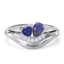 Toi et Moi Heart and Pear Gemstone Ring with Curved Band and Accent Stones