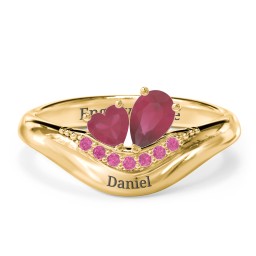 Toi et Moi Heart and Pear Gemstone Ring with Curved Band and Accent Stones in 18K Gold Plated Silver with Ruby and Red Premium Zirconia