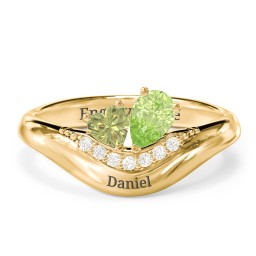 Toi et Moi Heart and Pear Gemstone Ring with Curved Band and Accent Stones in 18K Gold Plated Silver with Peridot and Fancy Yellow Premium Zirconia