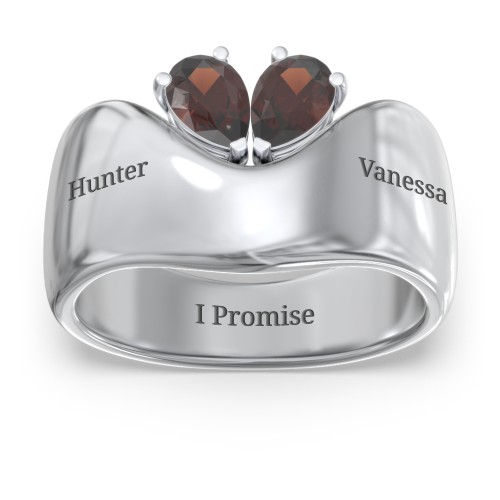 Toi et Moi Pear Gemstone Ring with Wide Curved Band – Sterling Silver with Garnet