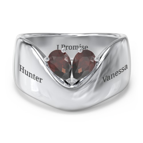 Toi et Moi Pear Gemstone Ring with Wide Curved Band – Sterling Silver with Garnet