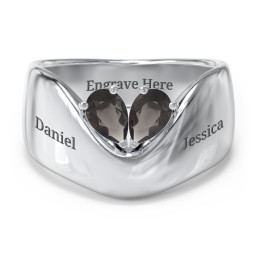 Toi et Moi Pear Gemstone Ring with Wide Curved Band in 925 Sterling Silver with Smokey Quartz