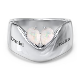 Toi et Moi Pear Gemstone Ring with Wide Curved Band in 925 Sterling Silver with Opal