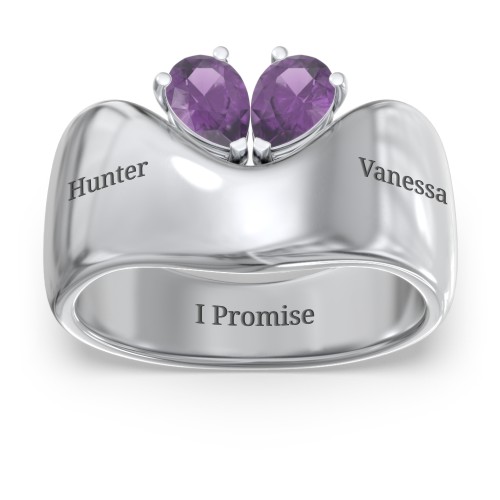Toi et Moi Pear Gemstone Ring with Wide Curved Band – Sterling Silver with Amethyst