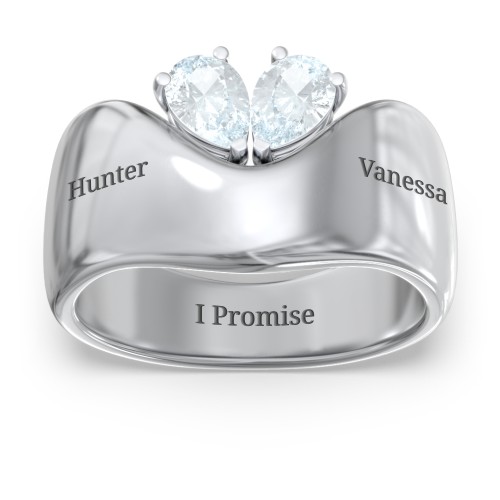 Toi et Moi Pear Gemstone Ring with Wide Curved Band – Sterling Silver with Aquamarine