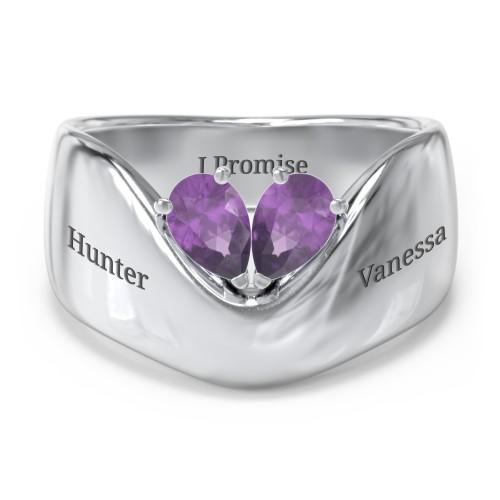 Toi et Moi Pear Gemstone Ring with Wide Curved Band – Sterling Silver with Amethyst
